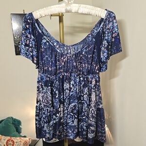 Free People Pink And Blue Floral Babydoll Top